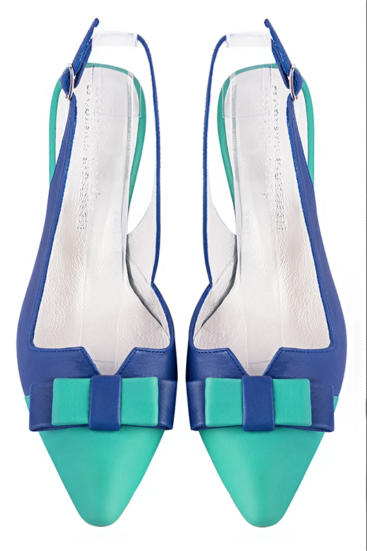 Aquamarine blue women's open back shoes, with a knot. Tapered toe. Medium slim heel. Top view - Florence KOOIJMAN
